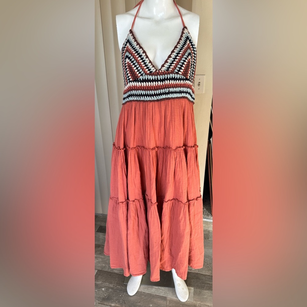Crochet trim maxi dress burnt orange bottom with multi color top size L